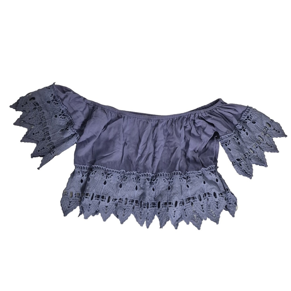 Iris Top Womens Medium Blue Cropped Lace Off the Shoulder Bell Sleeve Boho Fairy